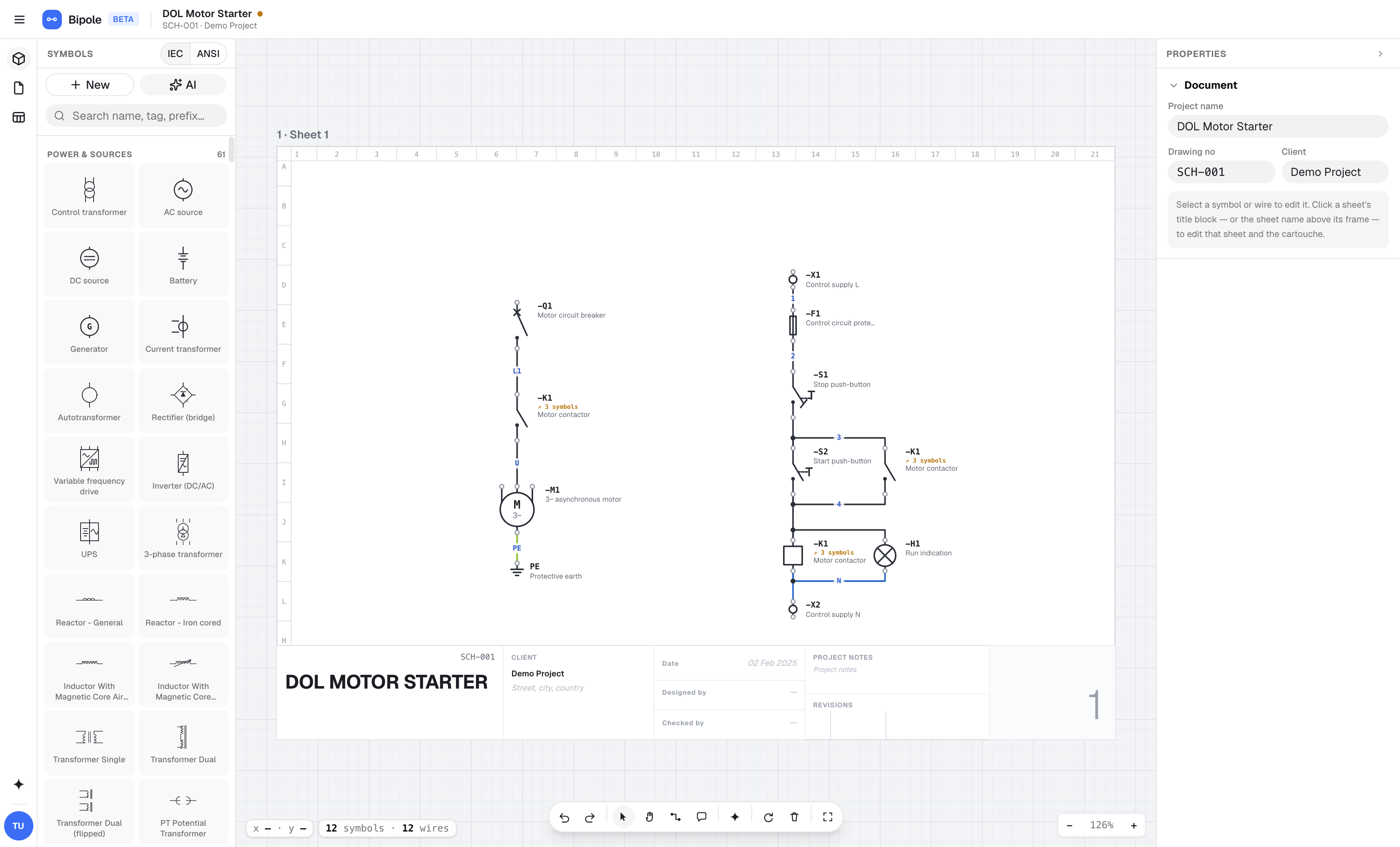The Bipole editor showing a DOL motor starter schematic: IEC symbol library on the left, the drawing with device tags and cross-references in the middle, properties on the right.